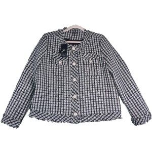 Adrianna Papell Blazer Womens Medium Tweed Black White Jacket Buttons NWT
